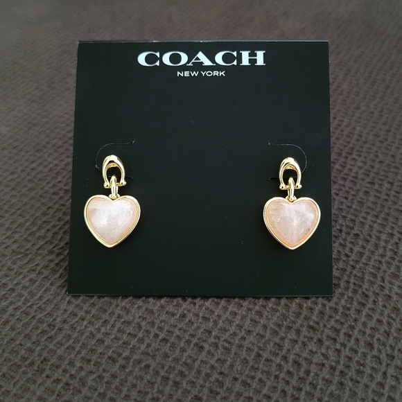 Coach Carved Rose🌹Quartz Heart💕 Drop Earrings - Picture 2 of 12